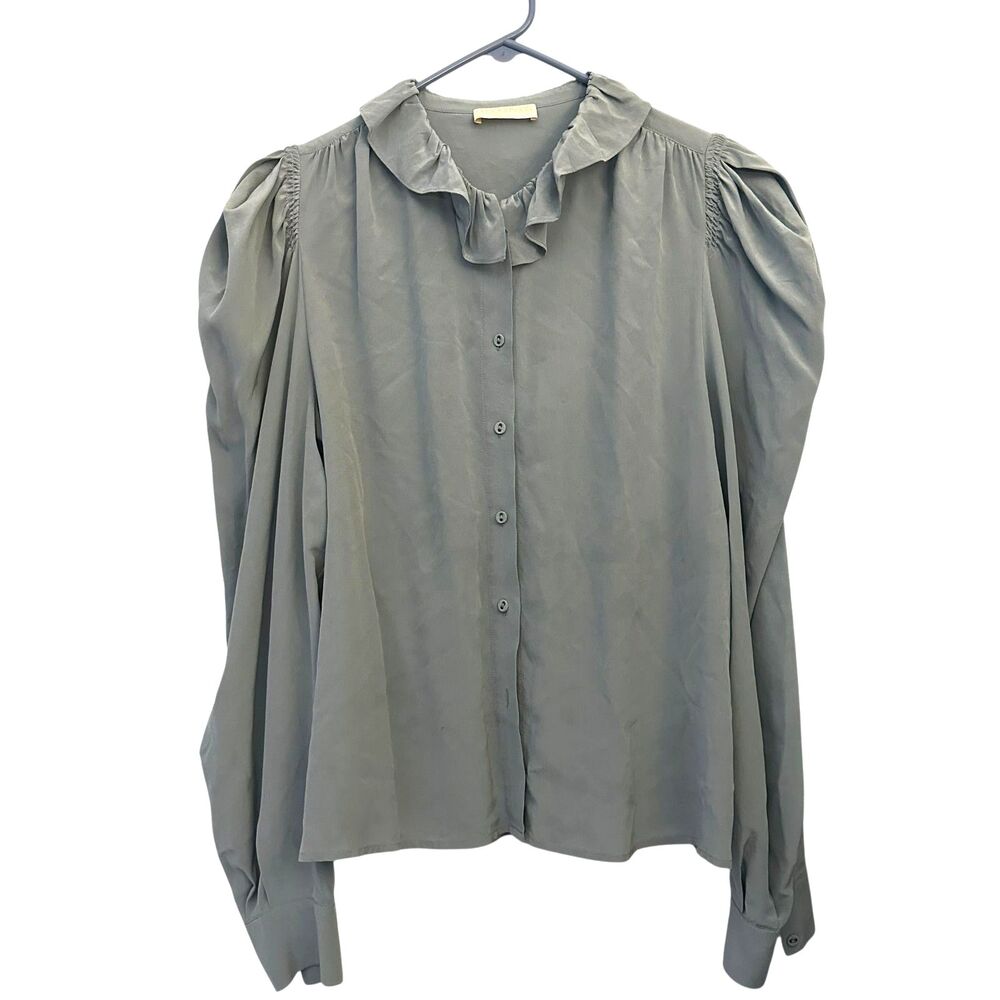 Ulla Johnson Dara Ruffle Neck 100% Silk Button-Up Blouse Agave Ruffles‎ Size 12